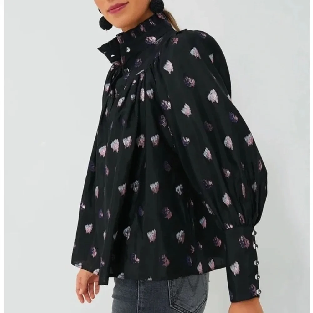 Tuckernuck Corrigan Blouse XXXL Black Pink Blurred Dot Fil Coupe Puff Sleeve